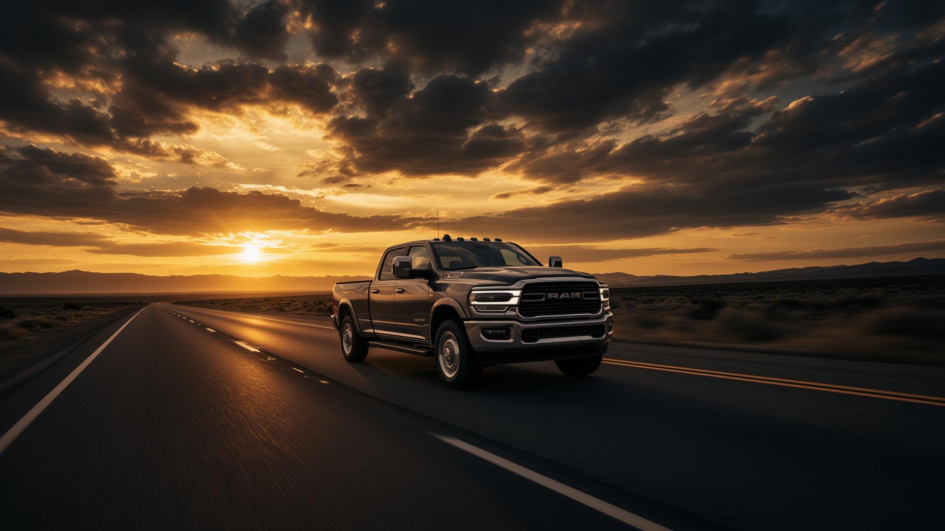Diesel truck on American highway at golden hour